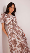 Vivian Puff Sleeve Midi Dress - Brown Floral