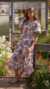 Vivian Puff Sleeve Midi Dress - Brown Floral