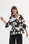 V Neck Peplum Top - Black Abstract Print