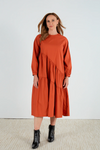 Long Sleeve Gather Dress - Light Auburn