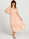 Violet Puff Sleeve Shirred Cotton Midi Dress - Muted Peach