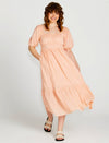 Violet Puff Sleeve Shirred Cotton Midi Dress - Muted Peach