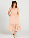 Violet Puff Sleeve Shirred Cotton Midi Dress - Muted Peach