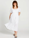 Violet Puff Sleeve Shirred Cotton Midi Dress - White