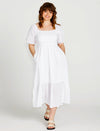 Violet Puff Sleeve Shirred Cotton Midi Dress - White