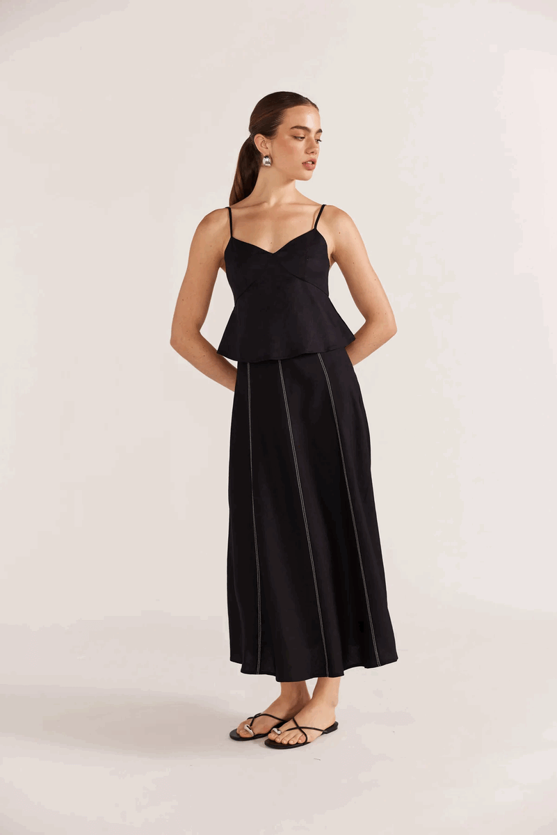 Black linen midi skirt with white stitching – Theory– Oh So Pretty NZ